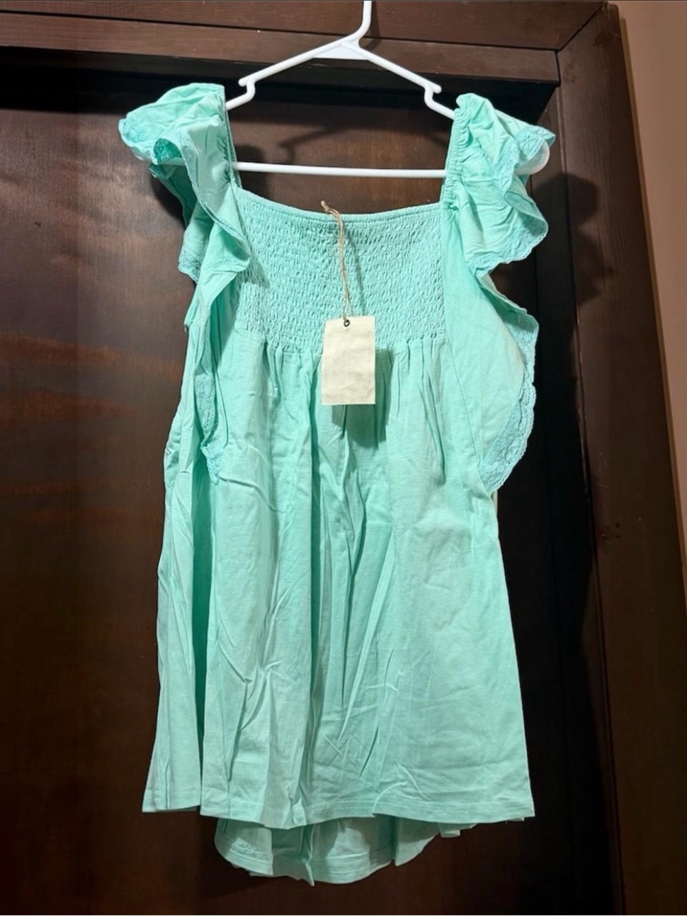 Smocked Ruffle Sleeve Blouse in Turquoise